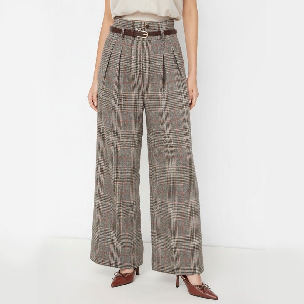 Belted High Rise Houndstooth Trouser